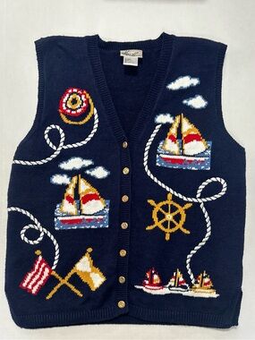 Vintage L Nautical Knit Button Up Sweater Vest Sailboat Preppy Coastal Grandma
